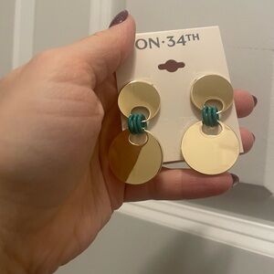 NWT - Gold Disc Drop Earrings with Teal Accent Rings